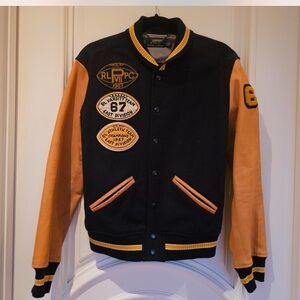 Polo Ralph Lauren Navy, Yellow and Tan Leather Letterman Bomber Jacket men’s S